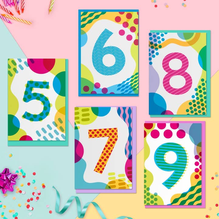 Jane Katherine Houghton Designs – Großhandel Geburtstagskarten – Geburtstagskarte für Kinder im Alter von 9 Jahren, buntes geometrisches Muster