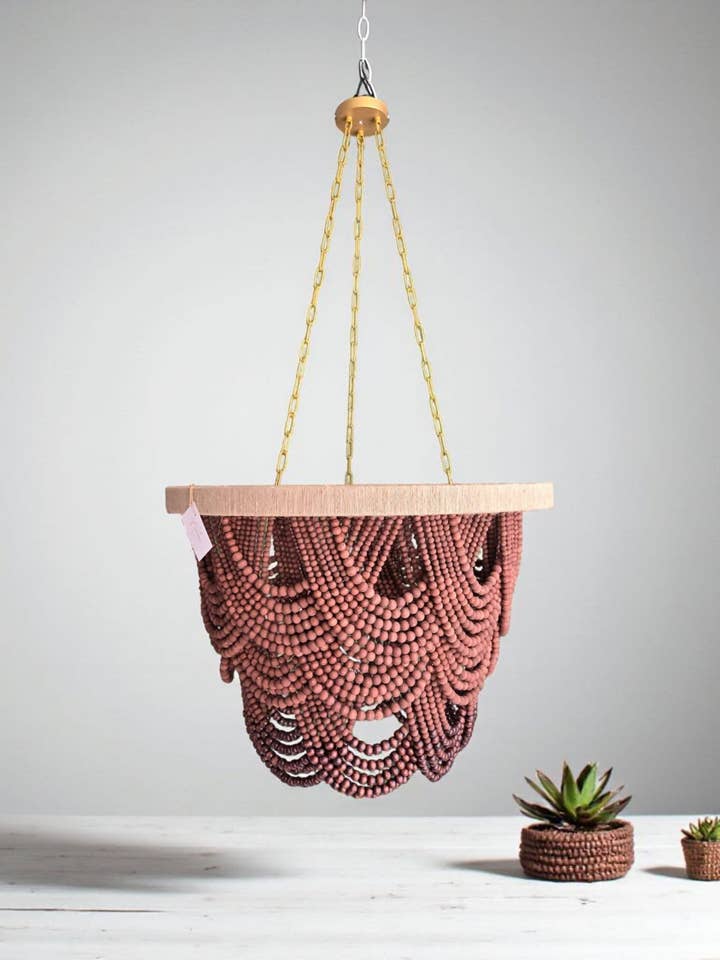 Brown Beaded Chandelier, Rustic Farmhouse Pendant Light, Boho Bead Lighting for Dining Room, for wholesale by Joy's Arts