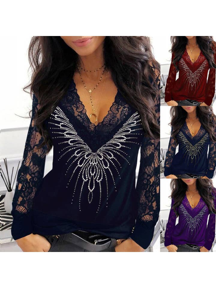 Tourtiwi - Venta al por mayor Blusa - Mujer - camiseta de manga larga transparente con cuello en V y costuras estampadas para mujer4