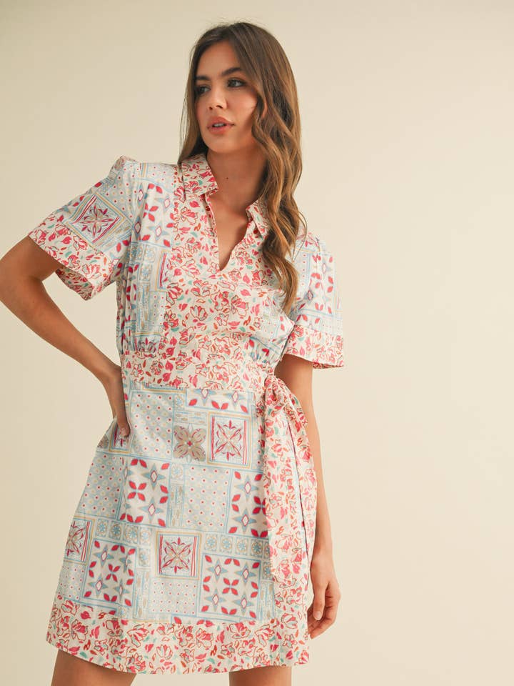 &MERCI - Wholesale Dress - Women's - MIXED PRINT FAUX WRAP MINI DRESS MDR4038