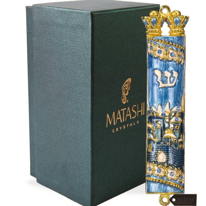 Matashi - Wholesale Decorative Tabletop Object - Matashi Hand Painted Blue Enamel Mezuzah with Gold Accents