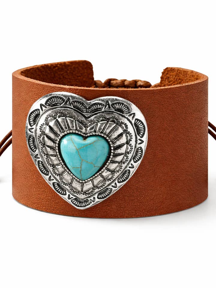 Desert Heart Turquoise Leather Cuff Bracelet for wholesale by The Bling Barn