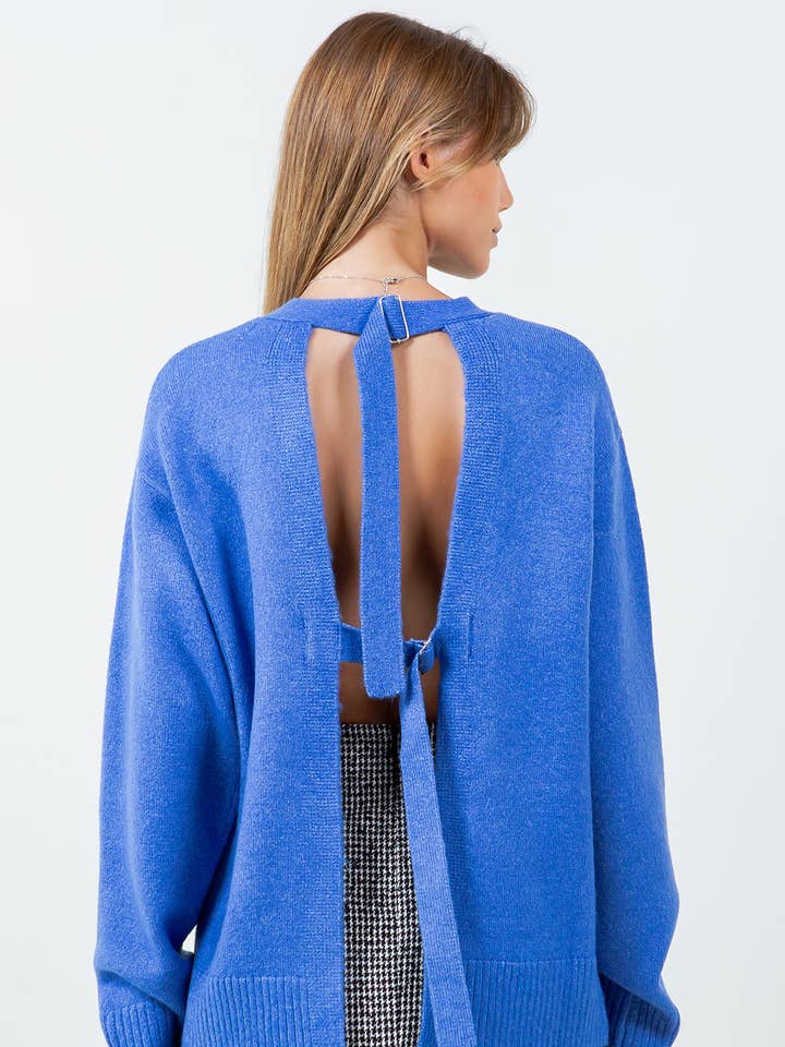 OPEN BACK WITH ADJUSTERS FUZZY KNITTED SWEATER - BLUE for wholesale on Faire0