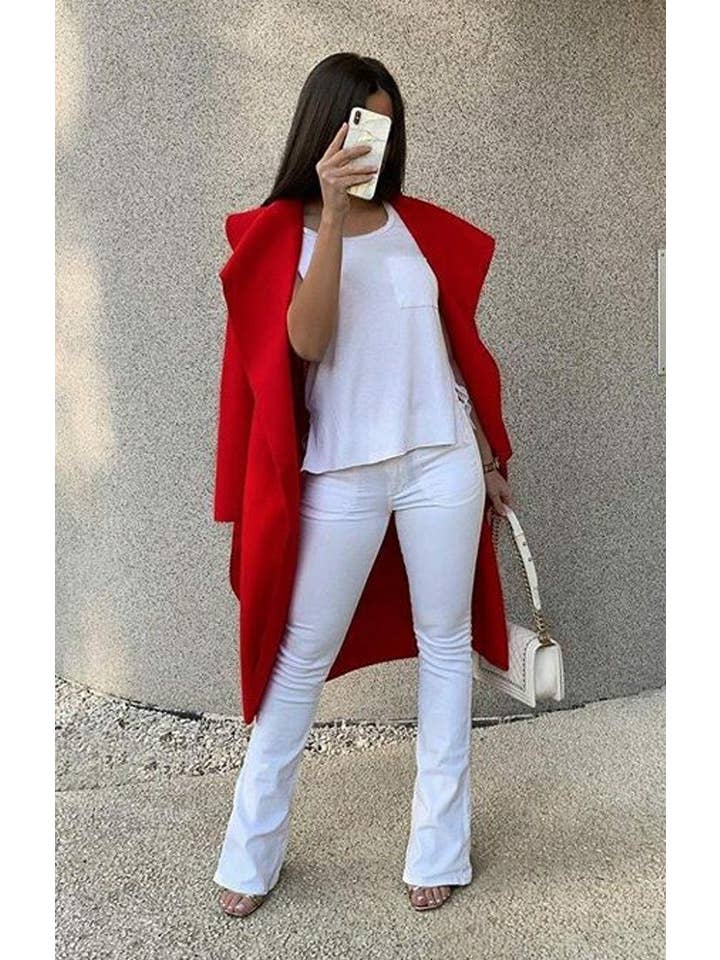 Femme Luxe - Vente Manteau – femme - Manteau long ceinturé rouge style duster à effet cascade - Femme Luxe3