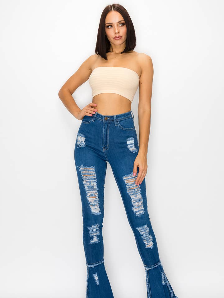 JAZZ-032 HIGH WAISTED DISTRESSED BELL BOTTOMS WOMEN JEANS for wholesale by Denim Zone U.S.A.