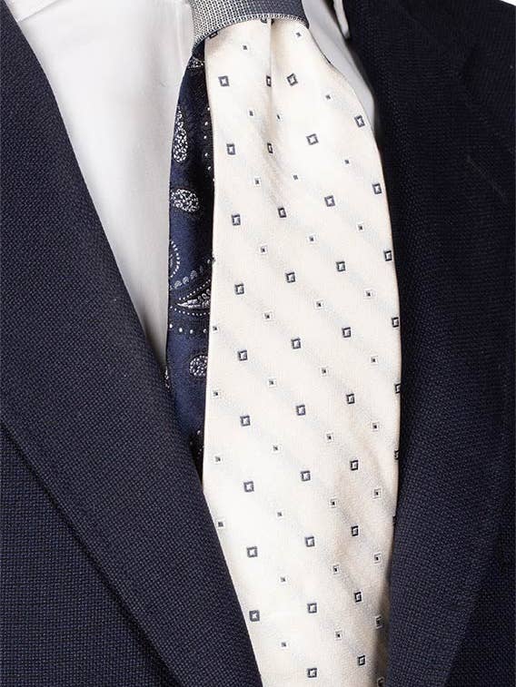Ivory White Tie with Gray Pattern and Gray Contrast Knot N2055 for wholesale by Graffeo Cravatte