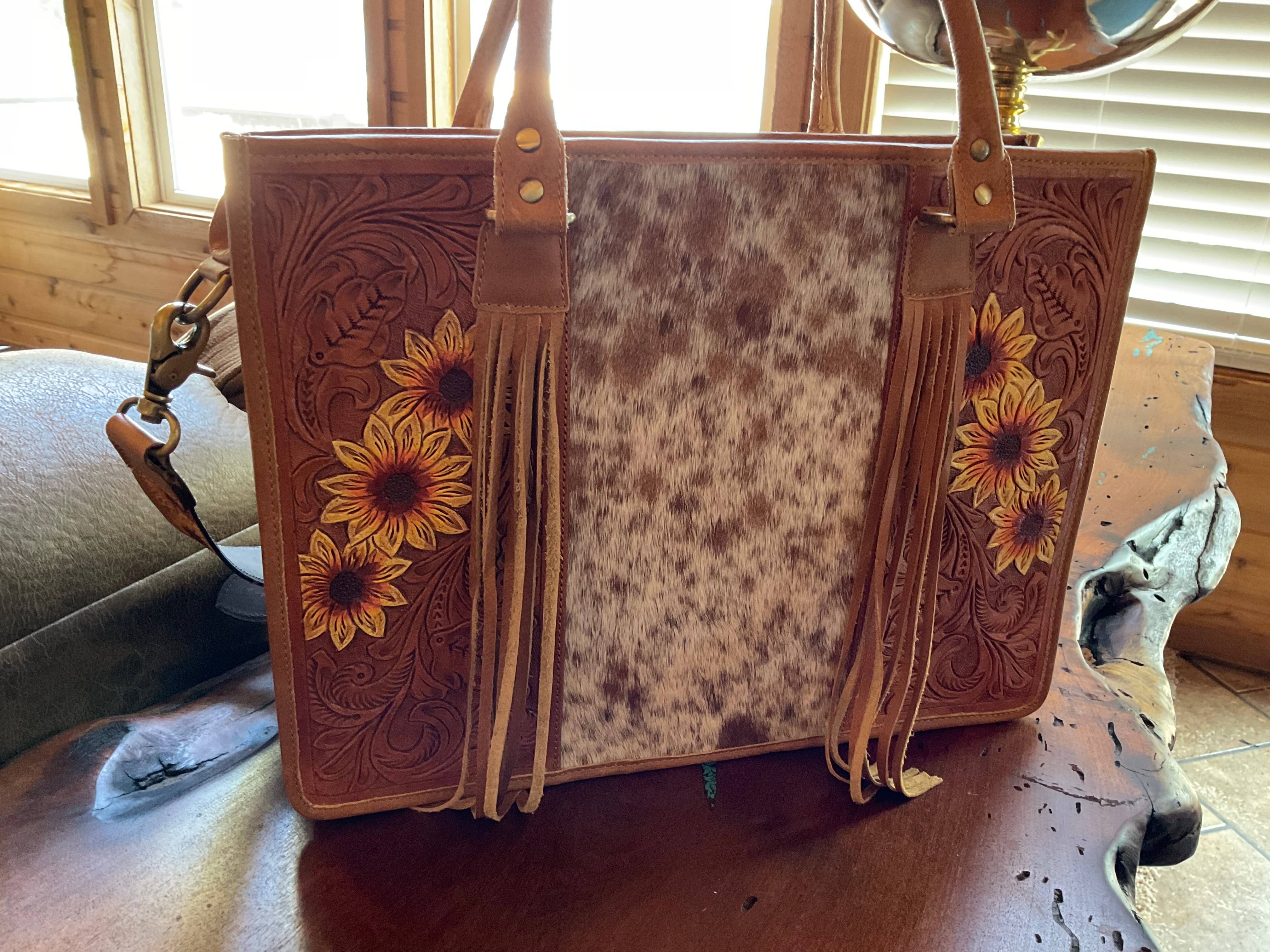 Genuine Leather and Cow Hair on Hide Sunflower Tooled popular Purse