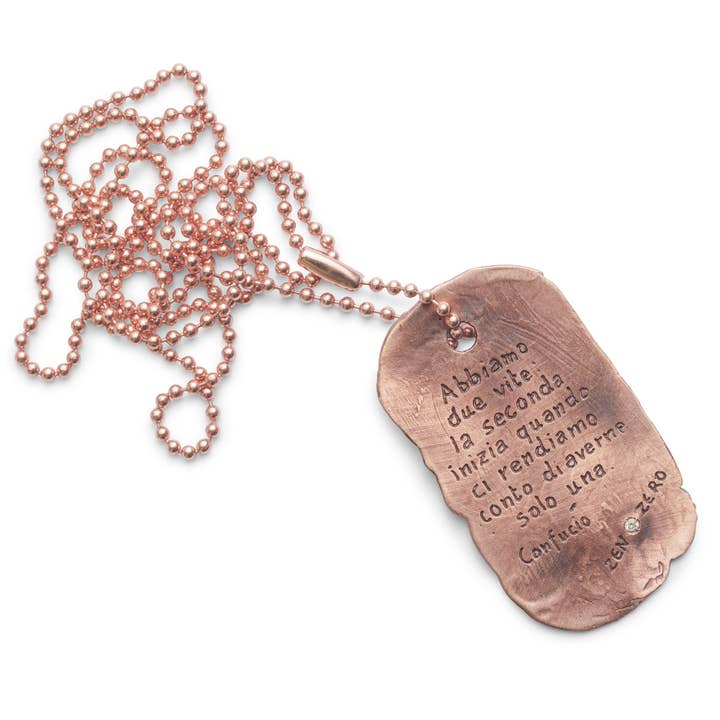 Collier plaquette militaire en bronze rose avec diamant 2 points - Confucius Zenit pour la vente par zen-zero