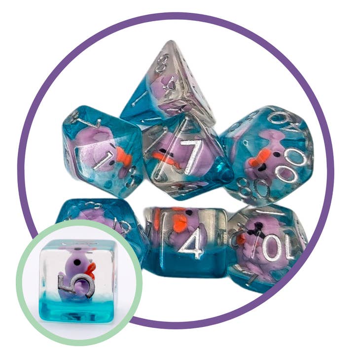 Inclusion Purple Ducks Dice Set for wholesale by Mystery Dice Goblin