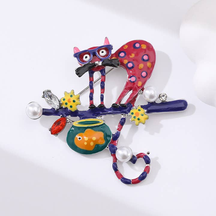 Tourtiwi - Wholesale Brooch - Whimsical Polka Dot Cat - on - Branch Brooch with Pearls5