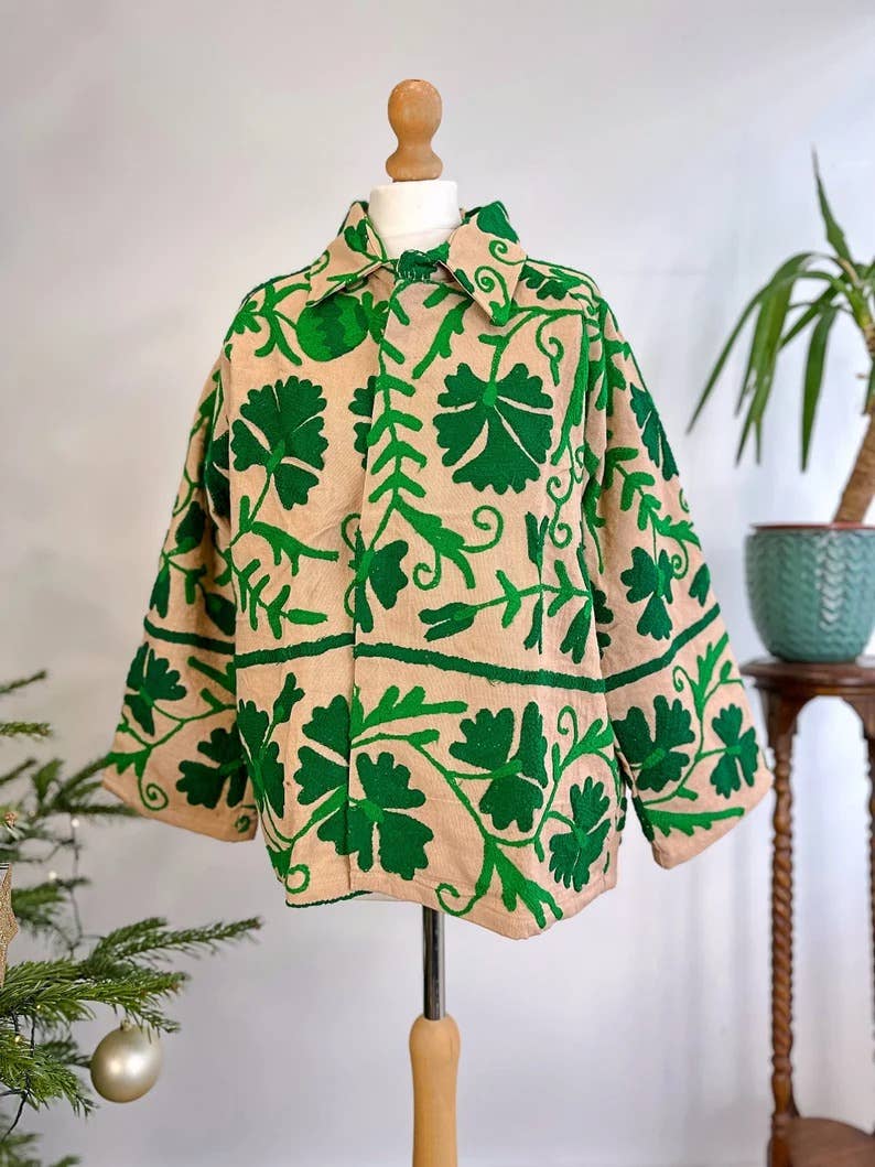 Essential Designs London – wholesale Jacket – Women's – Suzani Hand Embroidered Unisex Bolero Short Jacket Spring Boho Gypsy Kashmir Crewel Special Love Gift | Quirky Cafe Beige Green Floral Leaf3