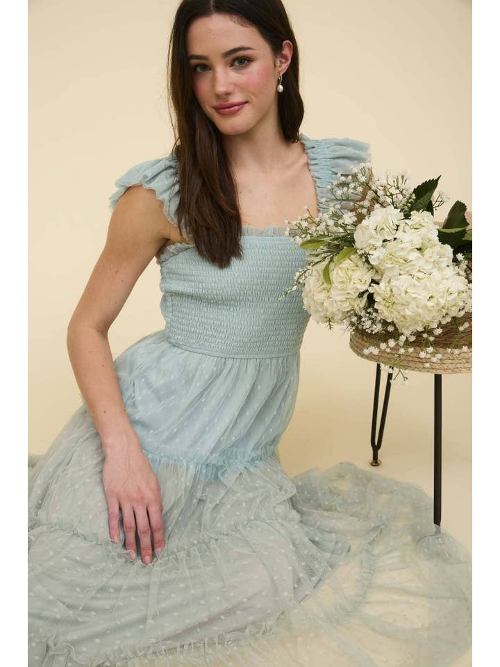 MINE - Wholesale Dress - Women's - POLKA DOT CHIFFON SMOCKED TIERED MIDI DRESS