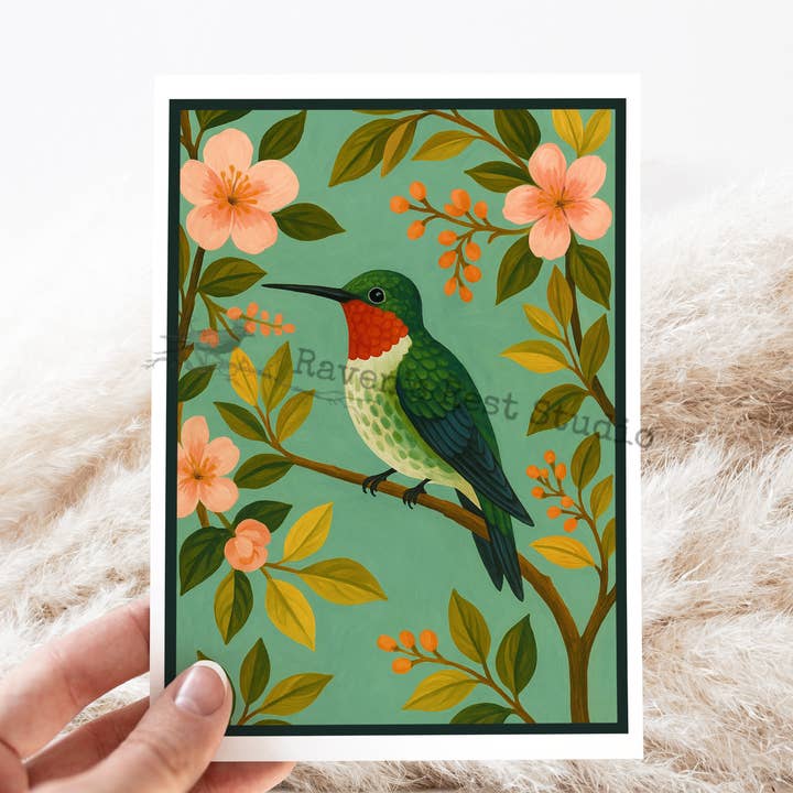 Greeting Card. Sweet Hummingbird Resting on a Branch Flowers for wholesale by Cheerful Whimsies