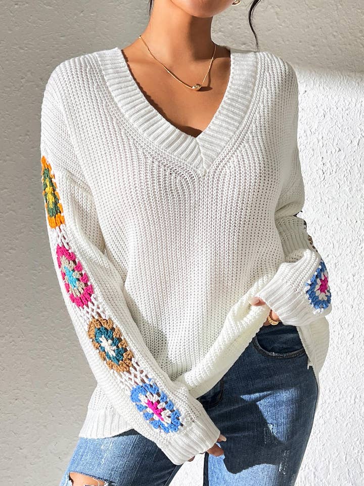 Boho flower Crochet v-neck knit sweater for wholesale by Rosa Clothing