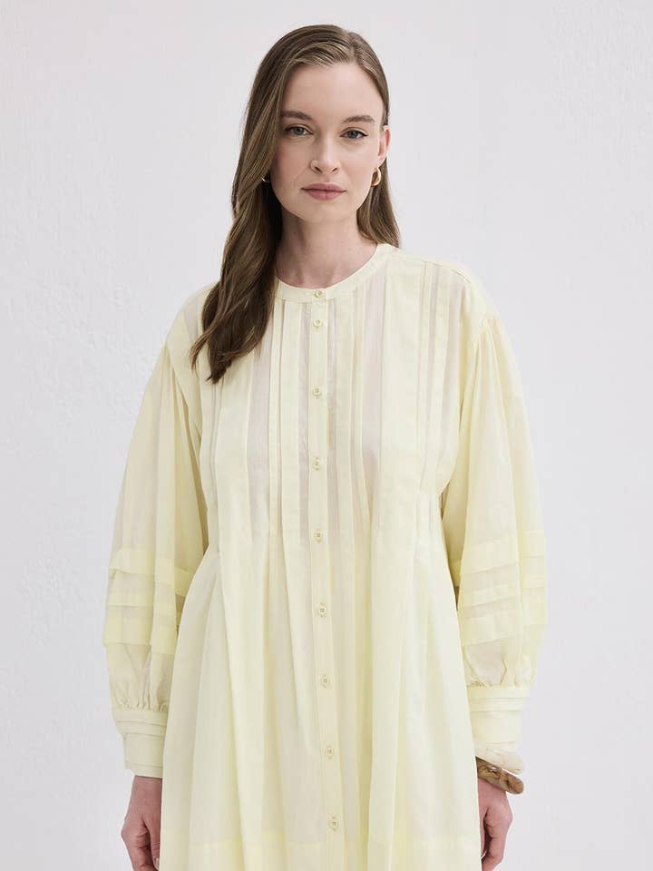 Henri Tucked Voile Shirt Yellow for wholesale by Kadriye Baştürk