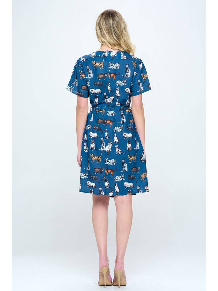 SM WARDROBE - Wholesale Dress - Women's - ALL OVER CAT PRINT BLUE DRESS WITH POCKET
