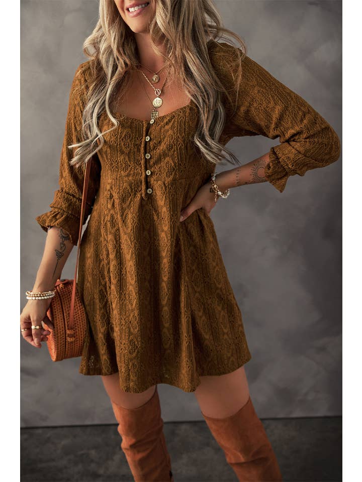 Little Daisy Closet - Wholesale Dress - Women's - LDC Lace Fall Clothing Buttoned Square Neck Shift Mini Dress