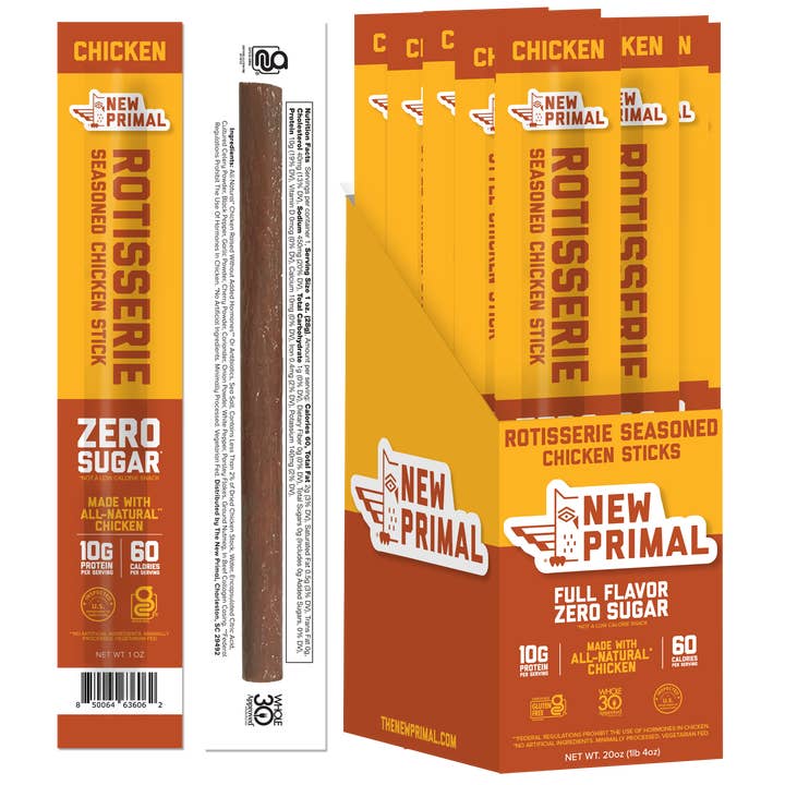 New Primal - Wholesale Jerky - Rotisserie Seasoned Chicken Meat Sticks, Zero Sugar