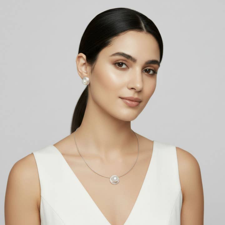 Sterling Silver Nest Button Pearl Pendant and Earrings for wholesale by Renata Rubio 92.5