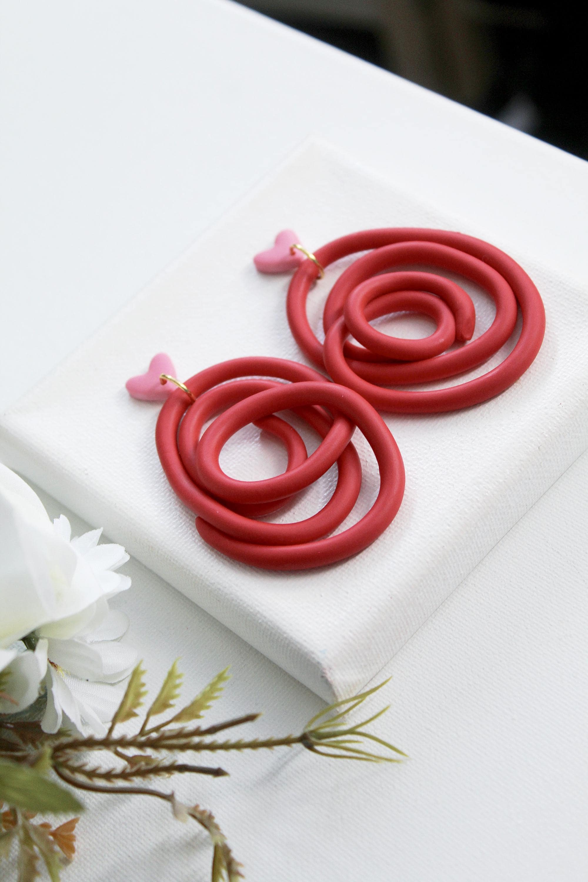 Studio Niani - Wholesale Dangle Earrings - Red Spiral Polymer Clay Earrings with Pink Heart Studs, Gift2