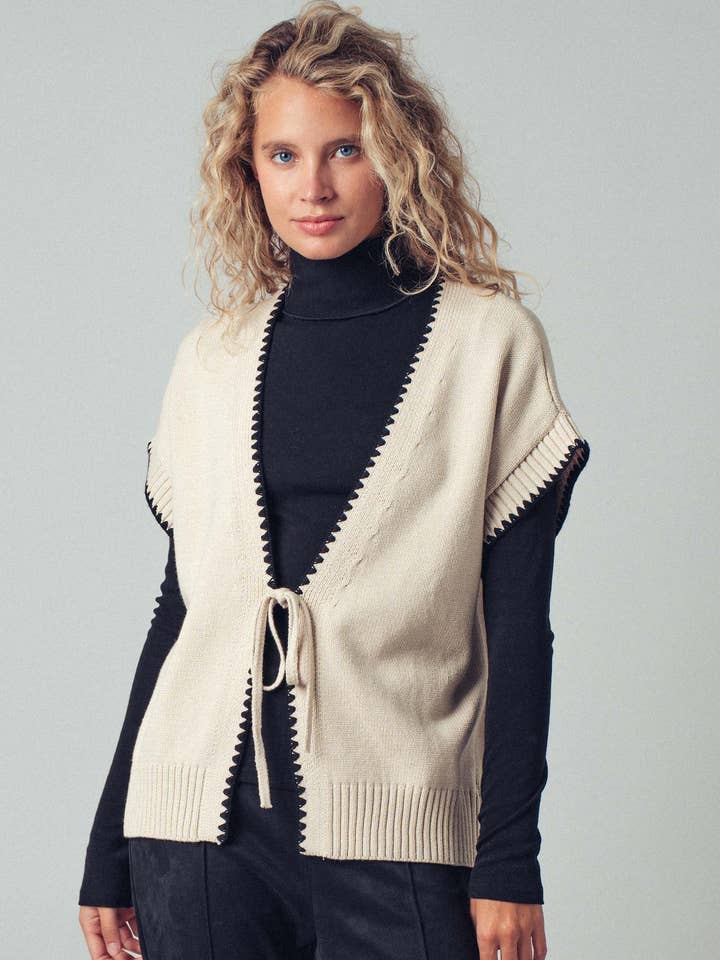 Crochet Trim Tie Front Knit Vest for wholesale by Urban Daizy