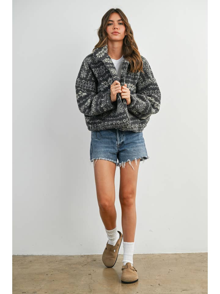 BUTTERMELON - Wholesale Jacket - Women's - Fuzzy Fleece Zip-Front Patterned Jacket - BMJ780716