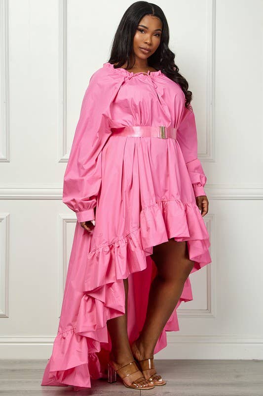 Namatt Design – Großhandel Kleid – Damen – Normales Kleid mit Rüschenausschnitt und hohem, tiefem Rüschensaum und Gürtel7