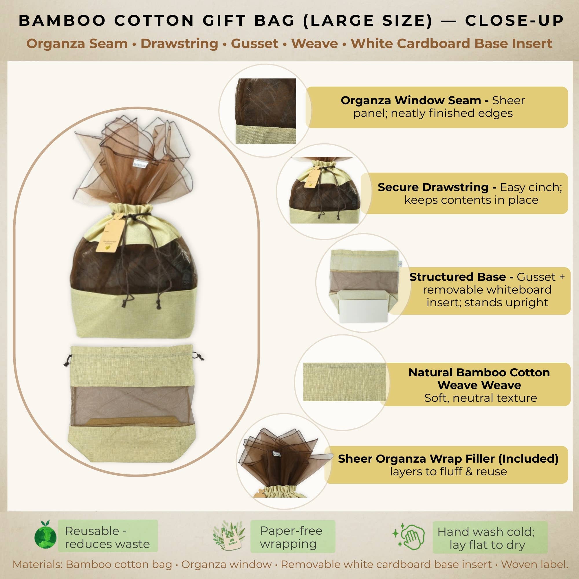 Beauty Blisss - Wholesale Gift Bag - Bamboo Cotton Gift Bag LARGE, Natural Beige, Tag, 3 Wraps4