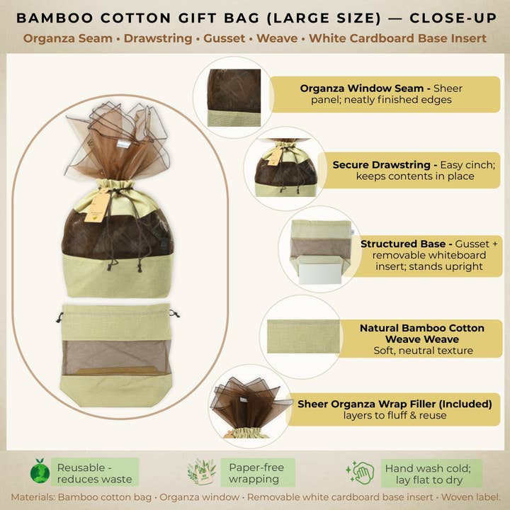 Beauty Blisss - Wholesale Gift Bag - Bamboo Cotton Gift Bag LARGE, Natural Beige, Tag, 3 Wraps4