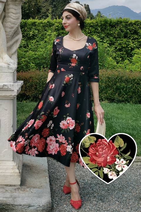 Scarlette Long Sleeved Black Raising Floral Midi Dress for wholesale by Dolly & Dotty
