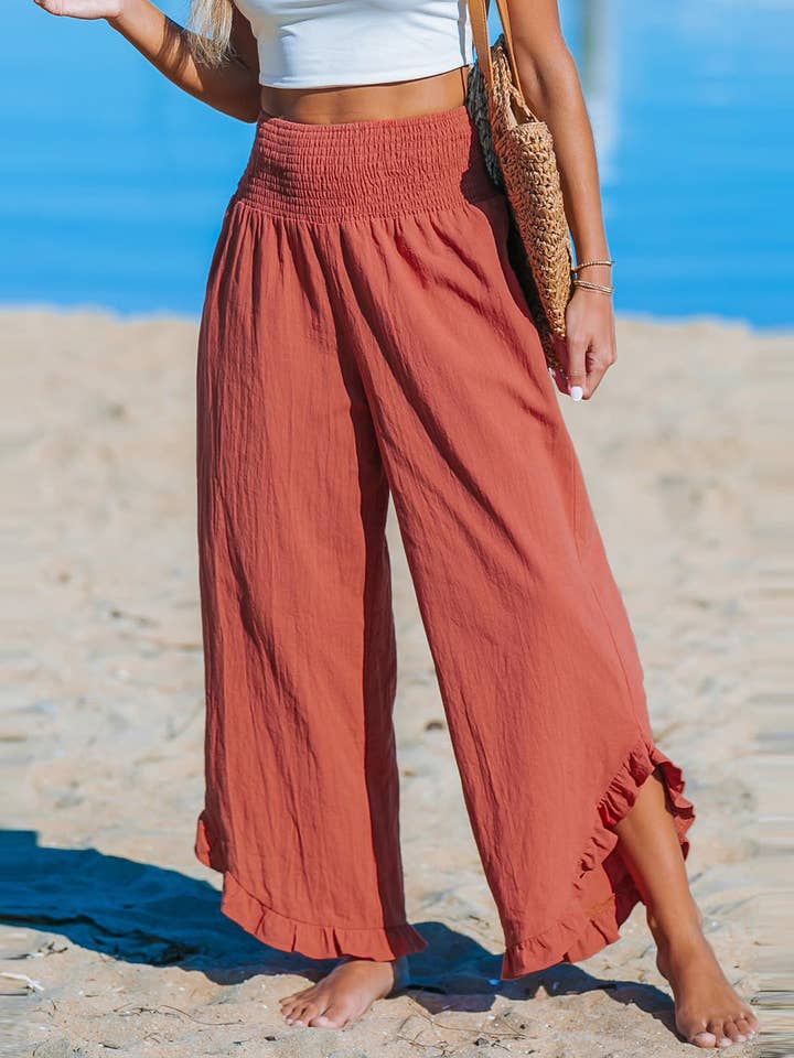 Smocked Elastic Waist Ruffled Wide Leg Pants for wholesale by Rosa Clothing