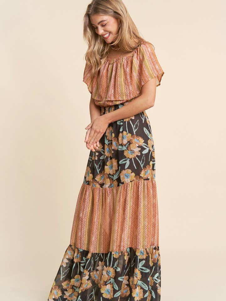 Sunset fields Off Shoulder Tiered Floral Maxi Dress for wholesale on Faire