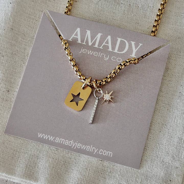 Star tag bar layering necklace gold plated stainless steel for wholesale by Amady Jewelry