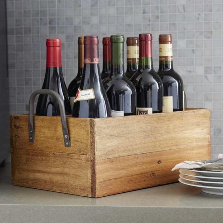 IWA Wine Accessories - Wholesale Kitchen storage/organiser - Recycled Wood Carrier + Wrought Iron Handles #192272