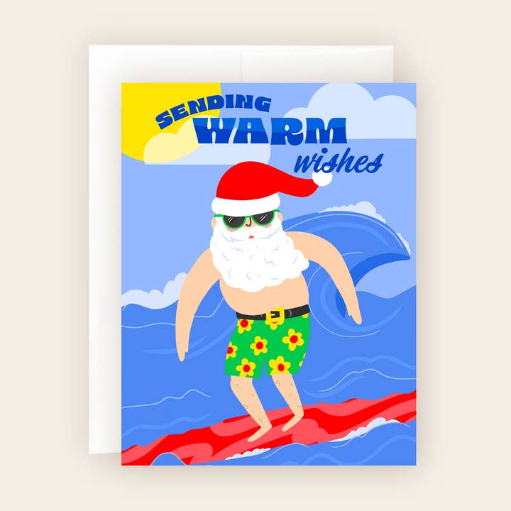 Sending Warm Wishes Card – Surfing Santa Holiday for wholesale by Molly Marie Pea