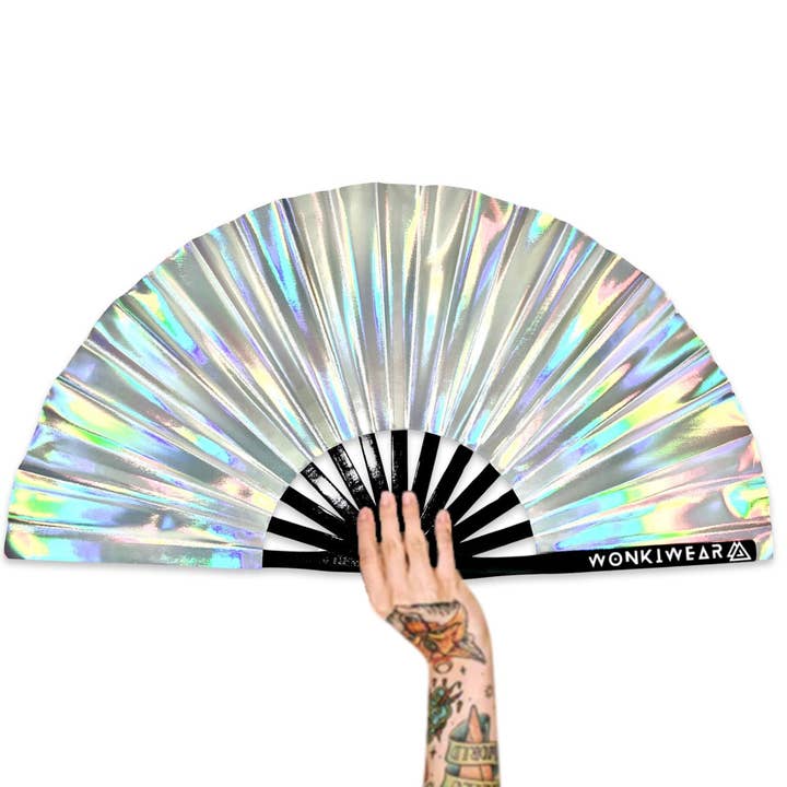 XL Foldable Hand Fan - Galaxy Range, Mercury Iridescent Metallic Silver for wholesale by Wonkiwear Ltd