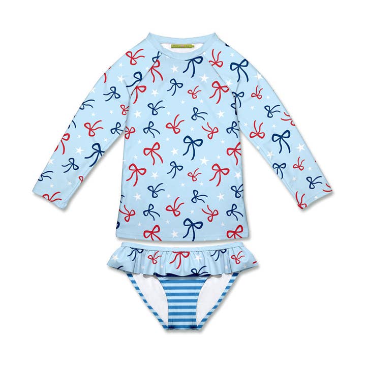 Girls Swim Ice Blue Bows Long-Sleeve Rashguard Set for wholesale by Millie Loves Lily