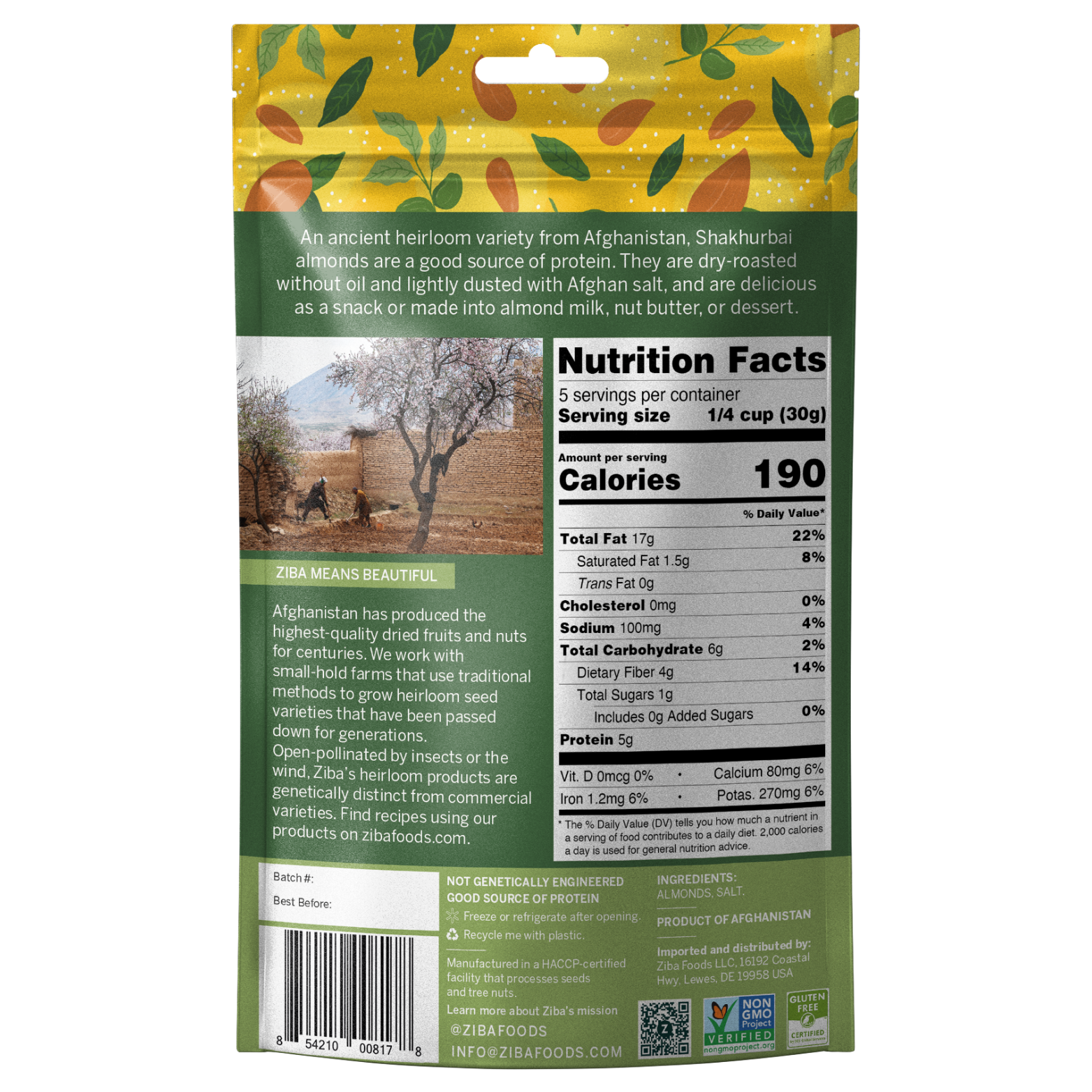 Ziba Foods – wholesale Nötter – Heirloom mandel - Shakhurbai (torr rostad & saltad) 5 oz1