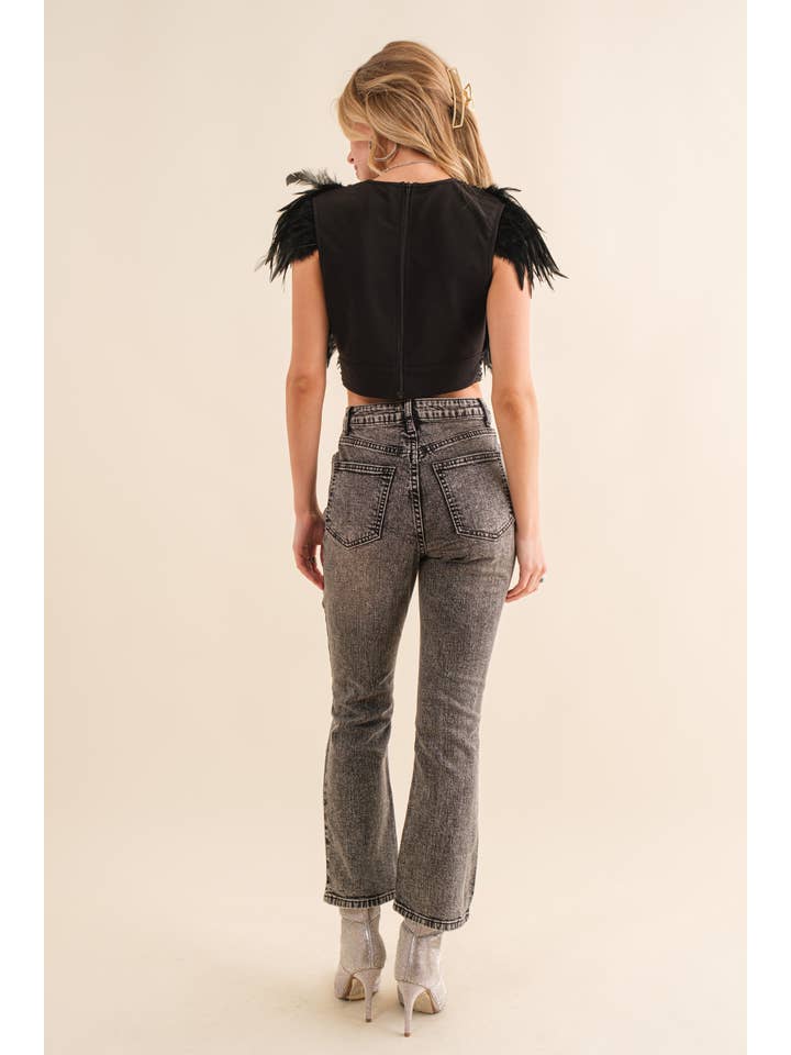 BLACK 34157T - Sequin Feather V Neck Crop Top for wholesale on Faire6