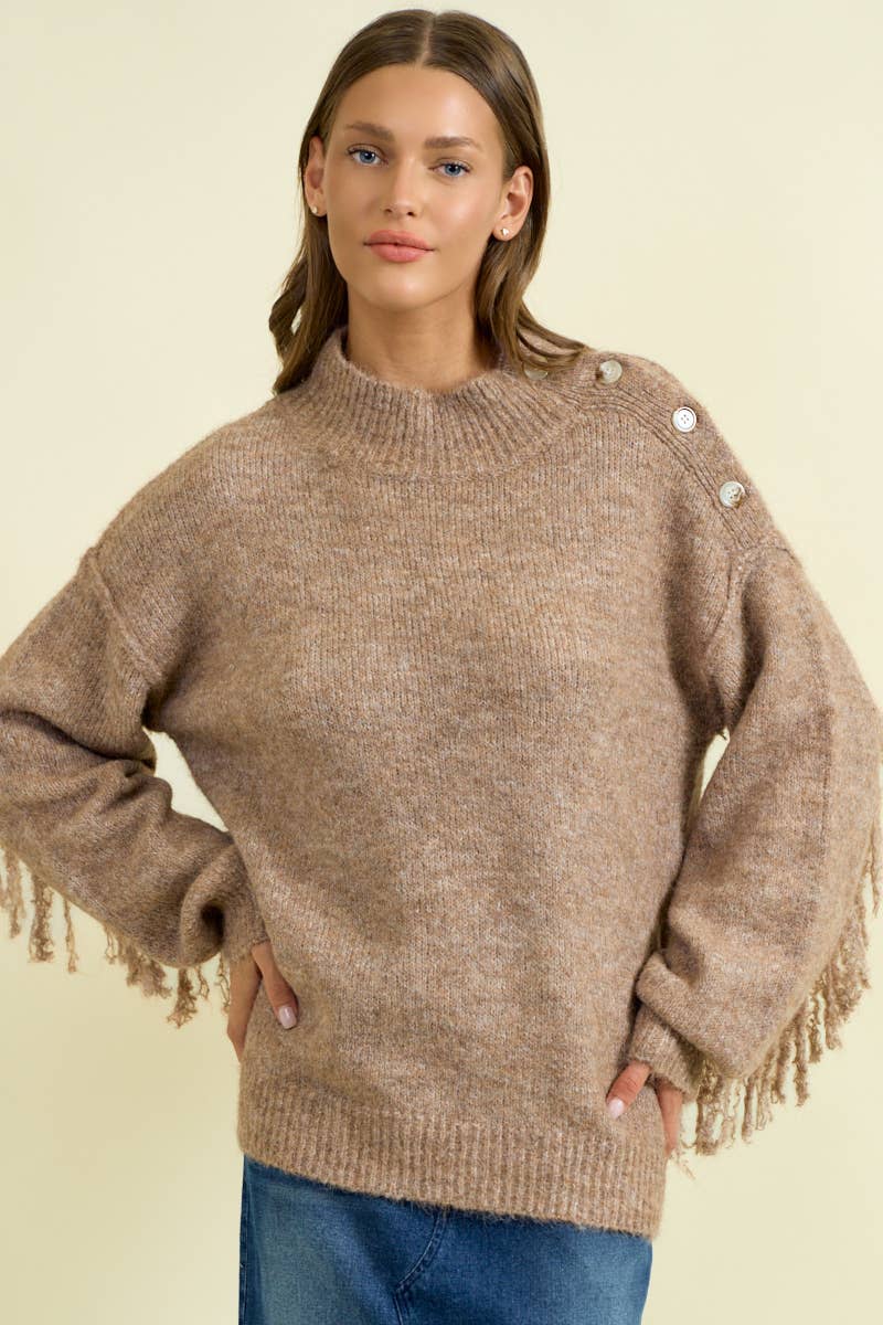 Doe and Rae - Wholesale Knit Sweater - Women's - FRINGE BACK MOCK NECK BLOUSON SLEEVE SWEATER - 45347T5