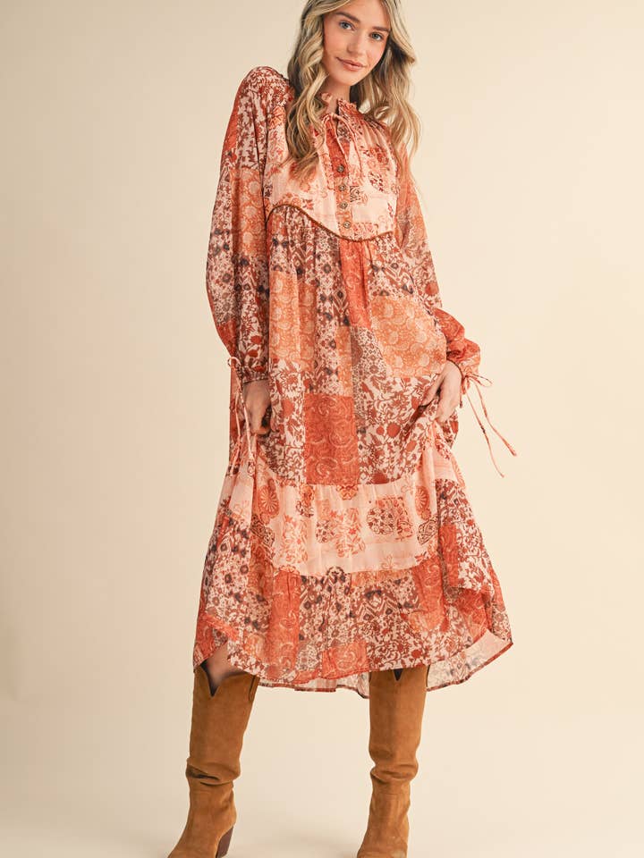 &MERCI - Wholesale Dress - Women's - PATCHWORK PRINT MIDI DRESS MDR443016