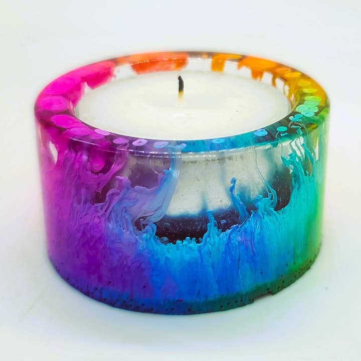 Slightly Askew Art - Wholesale Candle Holder - Eco-Friendly Epoxy Resin Rainbow Alcohol Ink Candle Holder0