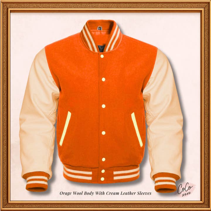 Chaqueta Varsity de Lana Naranja y Mangas de Cuero Auténtico en Crema para venta al por mayor de OH Wears