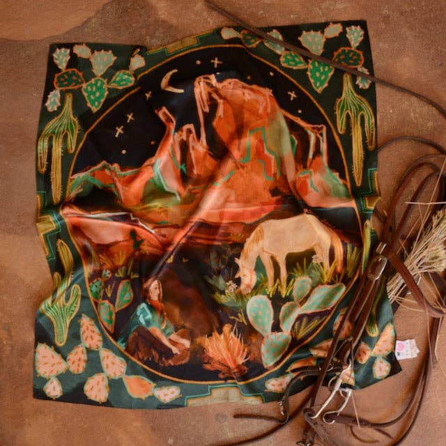 Tirzah Lane Art - Wholesale Scarf - Women's - Large 100% Mulberry Silk 35x35: Desert Nights Western Wild Rag Cowgirl1