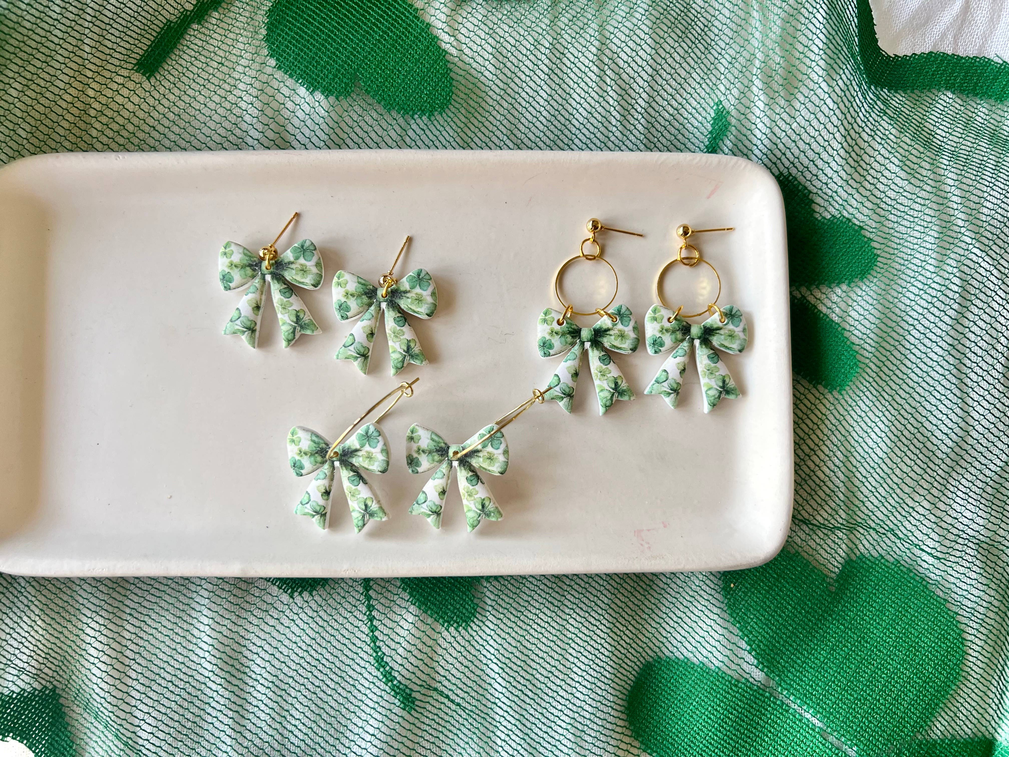 SeizeTheClayJewelry - Vente Boucles d'oreilles pendantes - Boucles d'oreilles nœud trèfle, Boucles d'oreilles nœud trèfle à quatre feuilles, Nœud porte-bonheur6