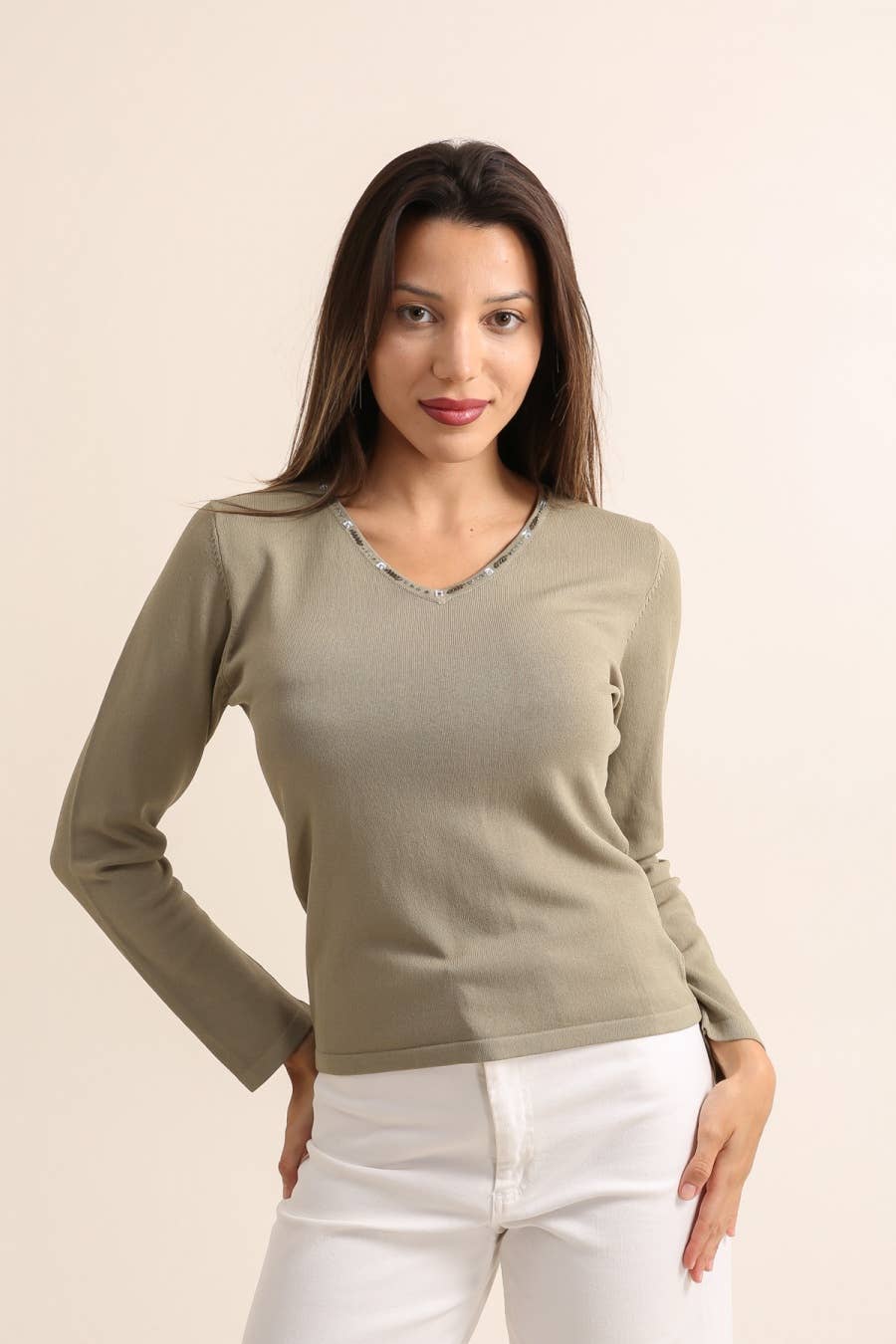 CHOKLATE PARIS - Vente Haut en maille – femme - Maille col V détails perles au col - 21374