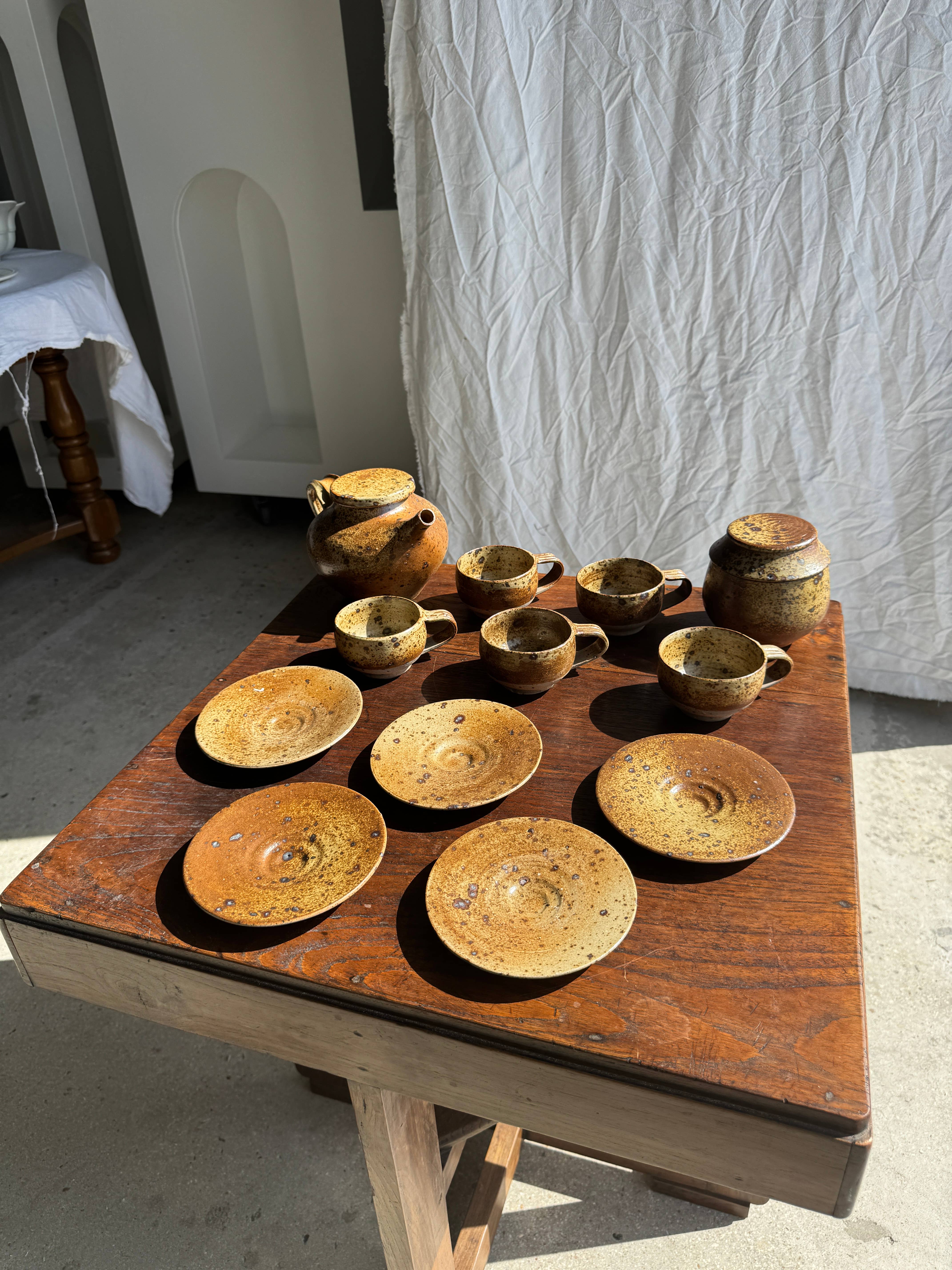 brown Small stoneware tea set with teapot, cups, sugar bowl for wholesale on Faire6