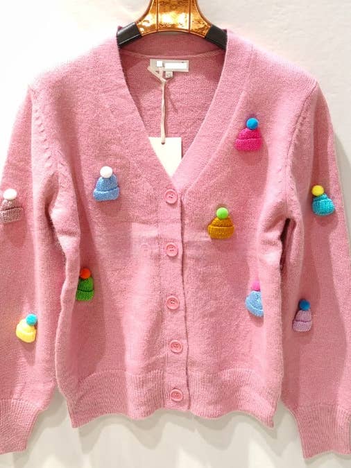LOOWIE - Wholesale Cardigan - Women's - MC432 Pink Knitted Cardigan with Colorful Pom-Pom Details0