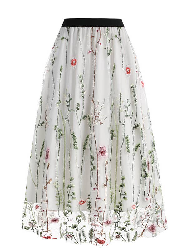 Embroidered floral midi A-line mesh skirt for wholesale by Rosa Clothing