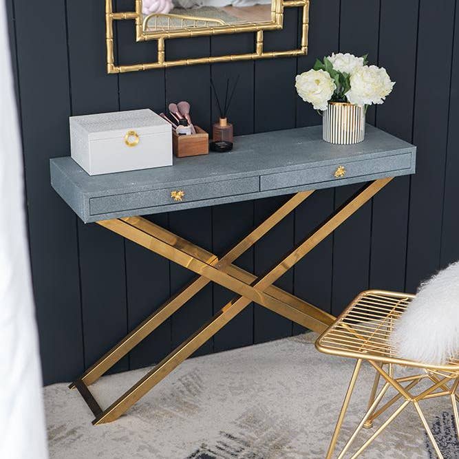 A&B Home Group Inc. - Wholesale Console Table - 43.5x14x32" Gray Faux Leather Crossed-Leg Console Table0